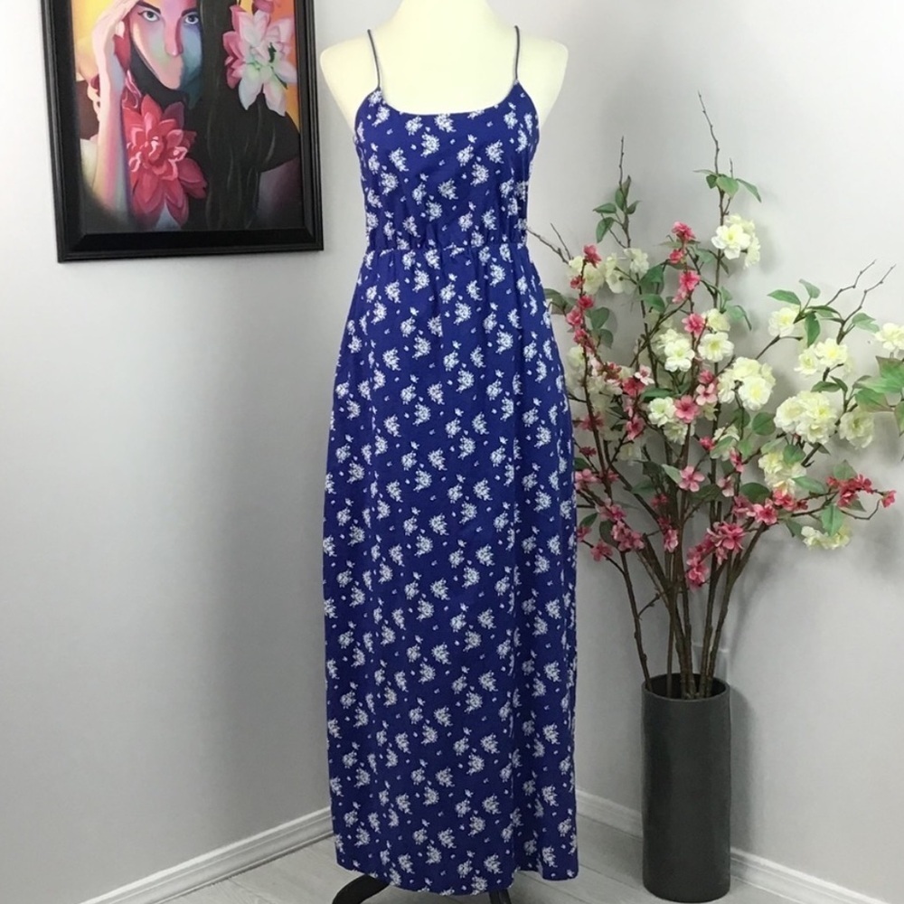 J. Crew Factory Abstract Flower Printed Blue & White 100% Cotton Maxi Dress Sz 2